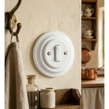 Bohemia-Design - Porcelanowy włącznik retro, pojedynczy, z ramką nr 1, biały