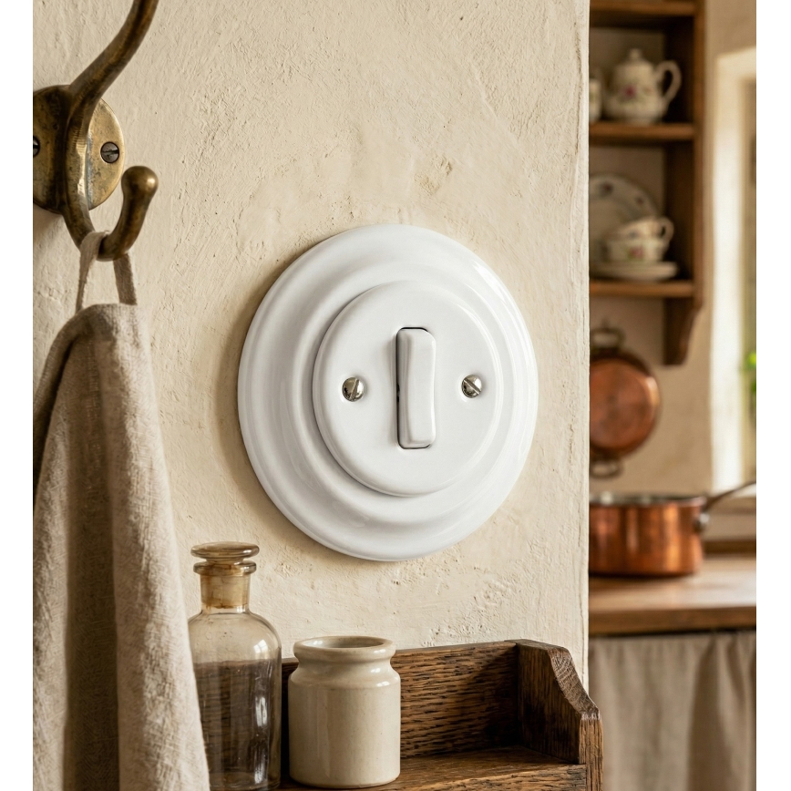 Bohemia-Design - Porcelanowy włącznik retro, pojedynczy, z ramką nr 1, biały