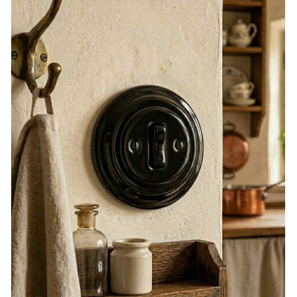 Bohemia-Design - Porcelanowy wyłącznik retro, pojedynczy, z ramką nr 1, czarny
