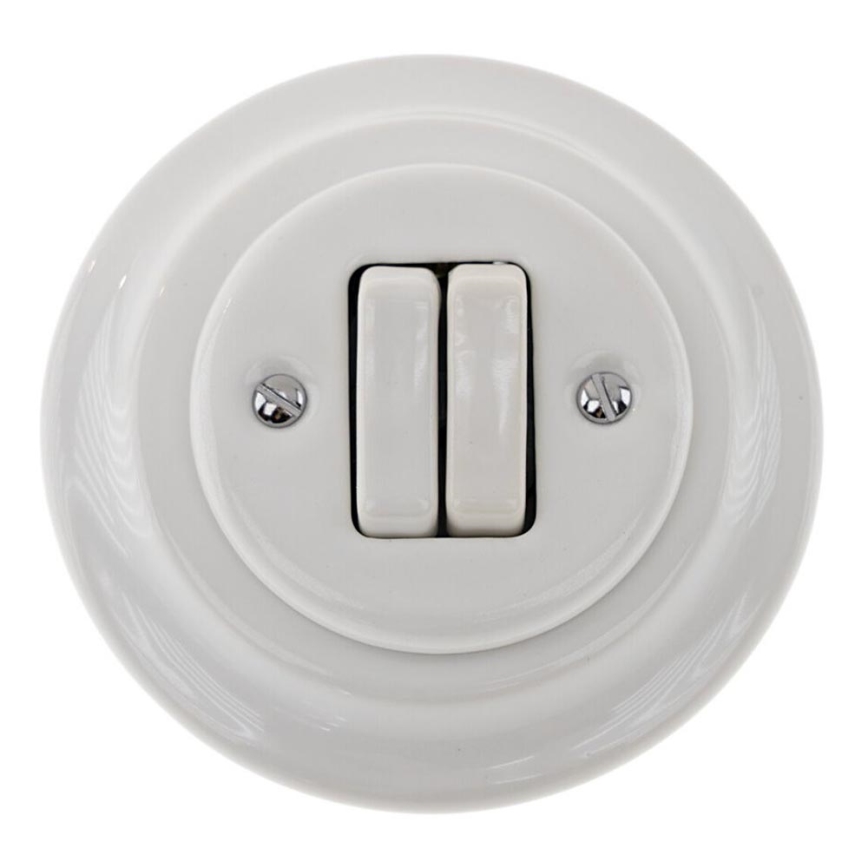 Bohemia-Design - Retro porcelanowy podwójny włącznik z ramką nr 5 biały