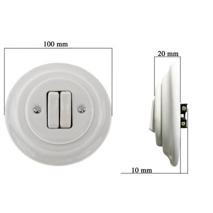 Bohemia-Design - Retro porcelanowy podwójny włącznik z ramką nr 5 biały