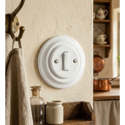 Bohemia-Design - Retro porcelanowy pojedynczy włącznik z ramką nr 6, biały