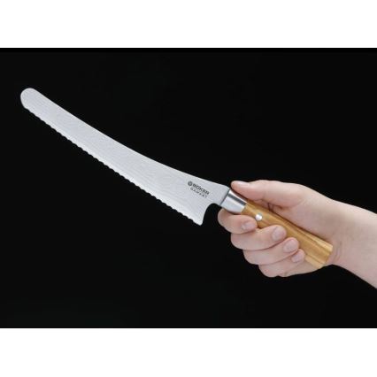 Böker - Damasceński nóż do pieczywa DAMAST OLIVE 23,5 cm, rękojeść z drewna oliwnego