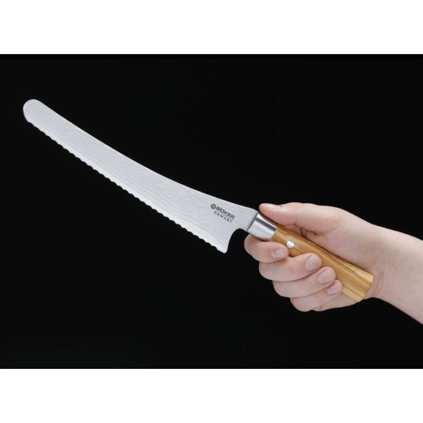Böker - Damasceński nóż do pieczywa DAMAST OLIVE 23,5 cm, rękojeść z drewna oliwnego