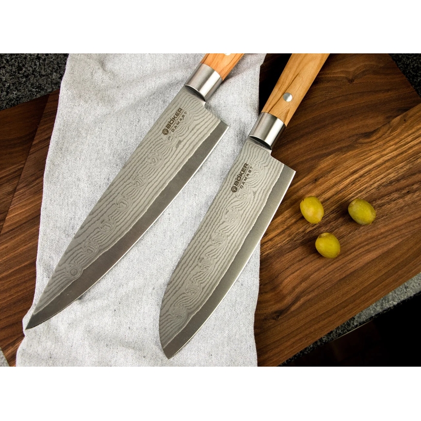 Böker - Damaszkowy nóż kuchenny DAMAST OLIVE 21,2 cm drewno oliwne