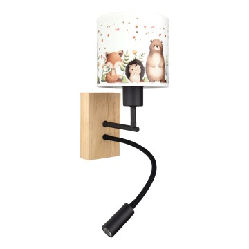 Brilagi - Dziecięca giętna lampa ścienna LED BOBO WOOD 1xE27/25W/230V + LED/3W dąb/czarny/biały/zwierzątka
