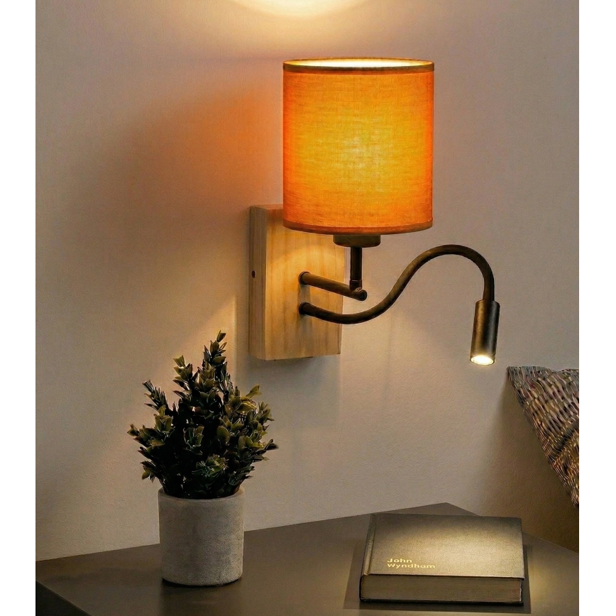 Brilagi - Elastyczna lampa ścienna LED NUBILA WOOD 1xE27/25W/230V + LED/3W dąb/czarny/pomarańczowy