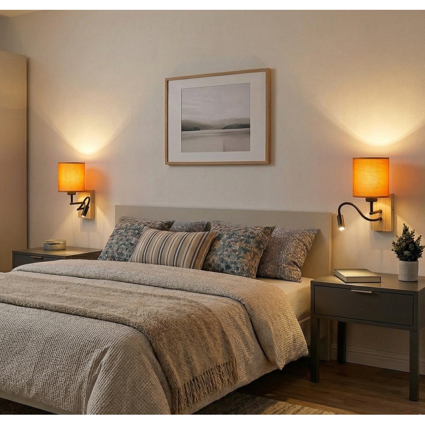 Brilagi - Elastyczna lampa ścienna LED NUBILA WOOD 1xE27/25W/230V + LED/3W dąb/czarny/pomarańczowy