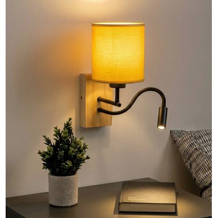 Brilagi - Elastyczny kinkiet LED NUBILA WOOD 1xE27/25W/230V + LED/3W dąb/czarny/żółty