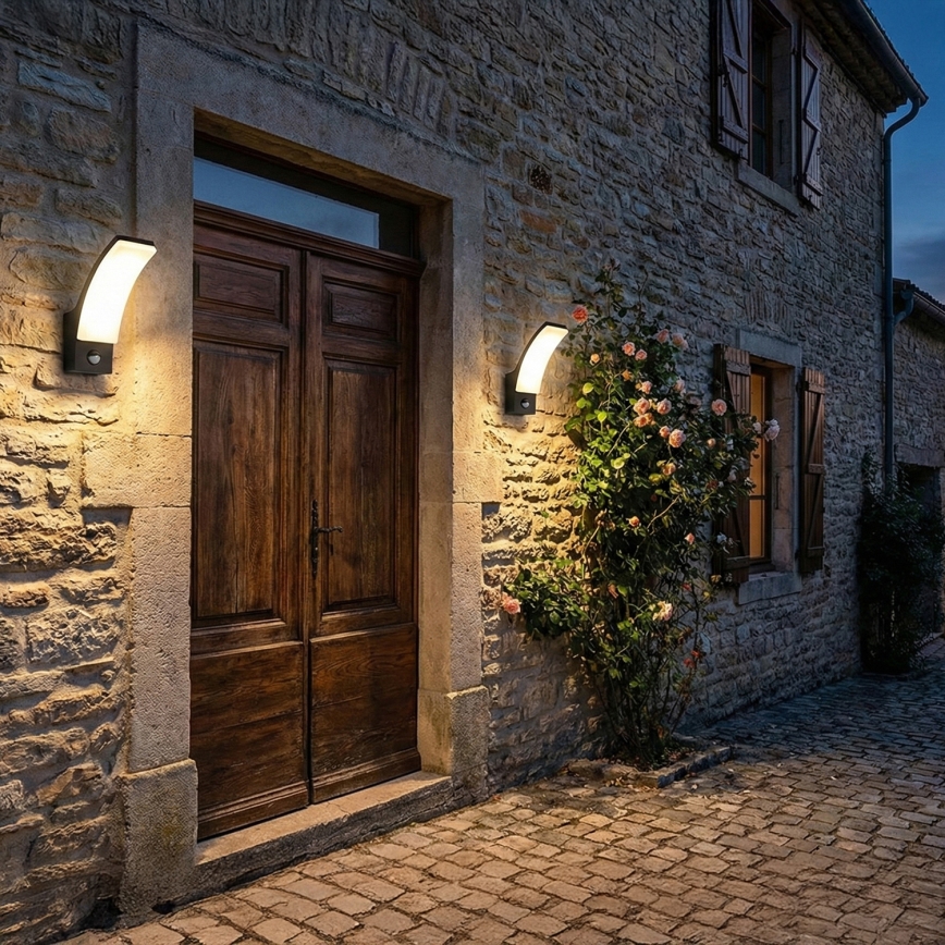 BRILAGI - Zewnętrzny kinkiet LED z czujnikiem ruchu i zmierzchu ARCELO LED/12W/230V IP65 czarny