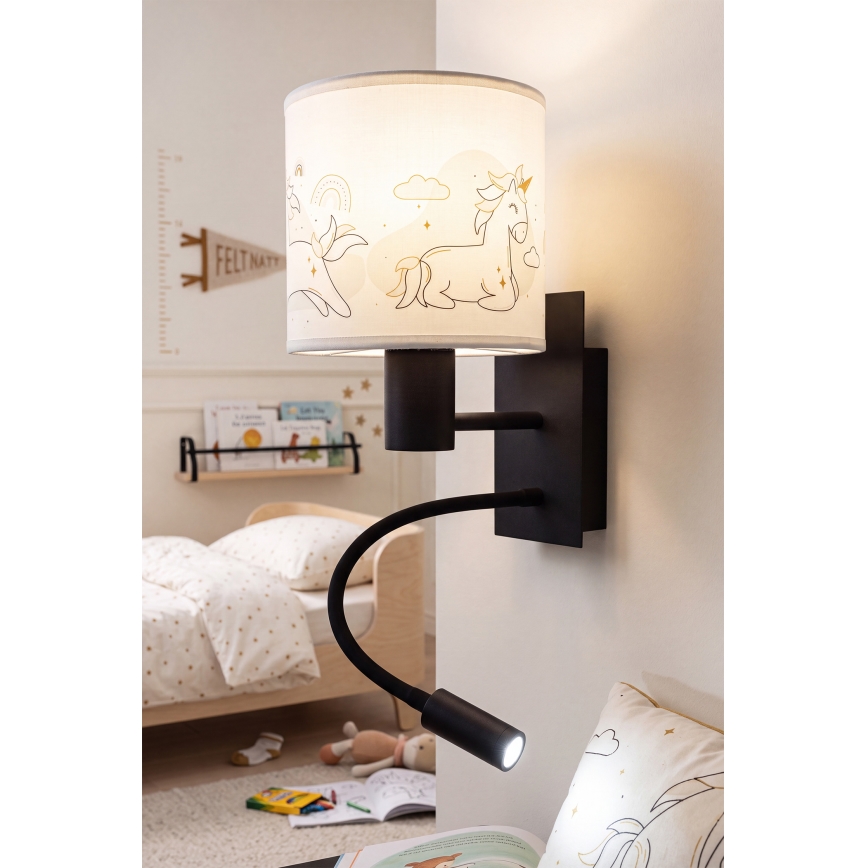 Brilagi - LED Dziecięca giętna lampa ścienna BOBO 1xE27/25W/230V + LED/3W czarna/biała/jednorożce