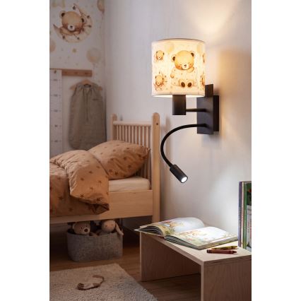 Brilagi - Dziecięca giętna lampa ścienna LED BOBO 1xE27/25W/230V + LED/3W czarny/biały/z motywem misiów