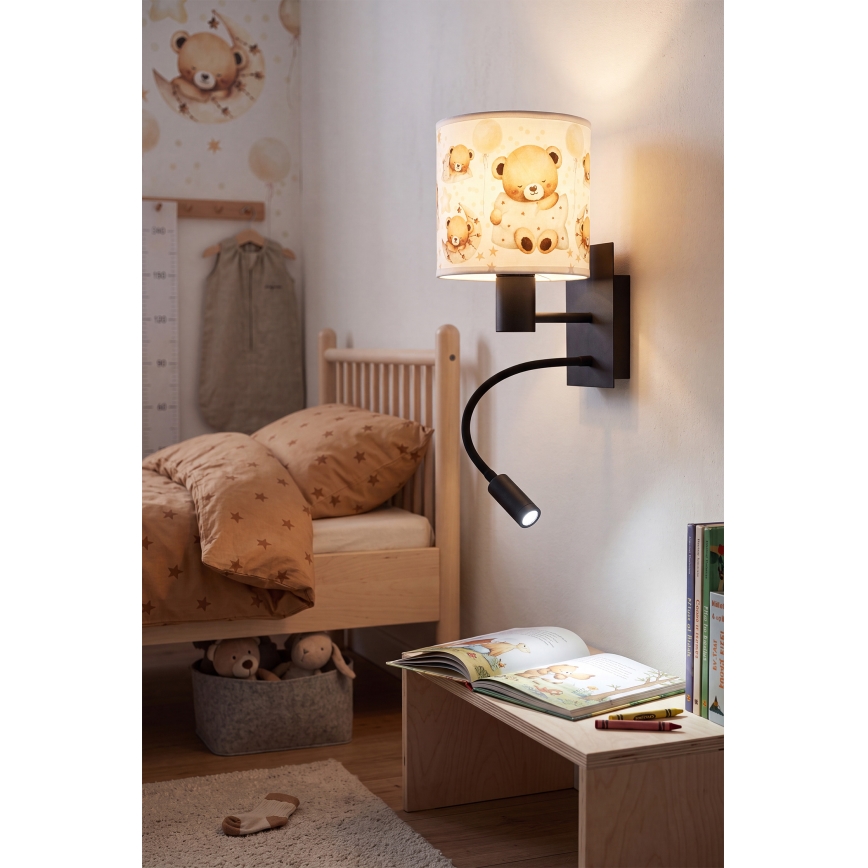 Brilagi - Dziecięca giętna lampa ścienna LED BOBO 1xE27/25W/230V + LED/3W czarny/biały/z motywem misiów