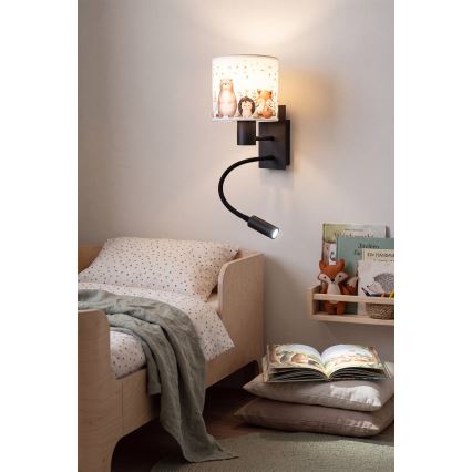 Brilagi - LED Dziecięca giętna lampa ścienna BOBO 1xE27/25W/230V + LED/3W czarna/biała/ze zwierzątkami