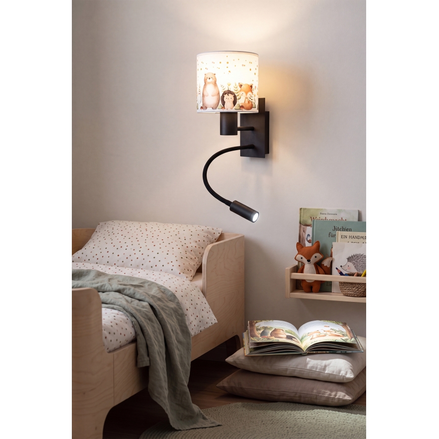 Brilagi - LED Dziecięca giętna lampa ścienna BOBO 1xE27/25W/230V + LED/3W czarna/biała/ze zwierzątkami
