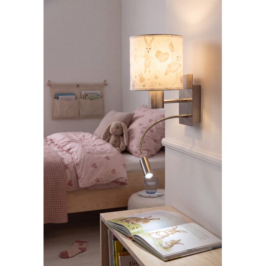 Brilagi - LED Dziecięca giętna lampa ścienna BOBO 1xE27/25W/230V + LED/3W matowy chrom/biały/króliczki