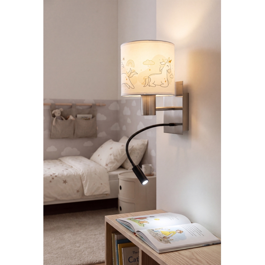 Brilagi - LED dziecięca giętna lampa ścienna BOBO 1xE27/25W/230V + LED/3W matowy chrom/biały/jednorożce