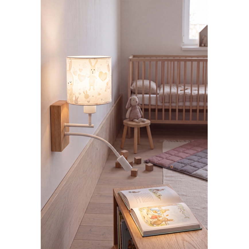 Brilagi - giętki kinkiet ścienny LED dla dzieci BOBO WOOD 1xE27/25W/230V + LED/3W dąb/biały/króliczki