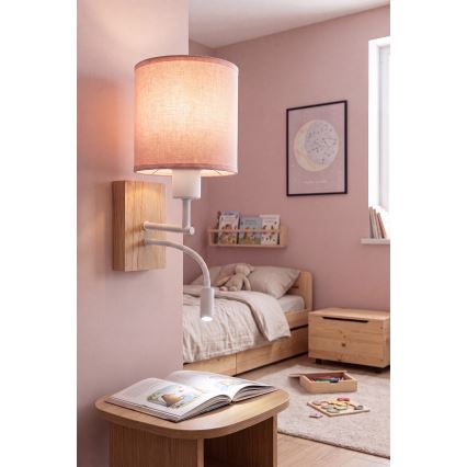 Brilagi - regulowana lampa ścienna LED BOBO WOOD 1xE27/25W/230V + wbudowana dioda LED 3W dąb/biały/różowy