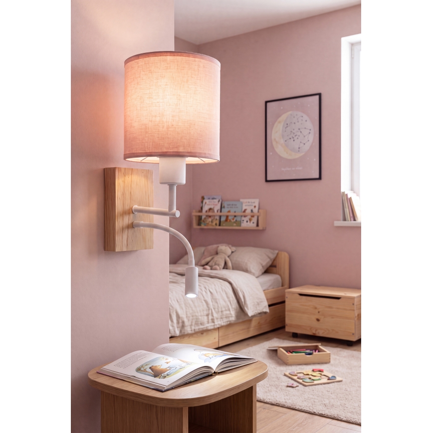 Brilagi - regulowana lampa ścienna LED BOBO WOOD 1xE27/25W/230V + wbudowana dioda LED 3W dąb/biały/różowy