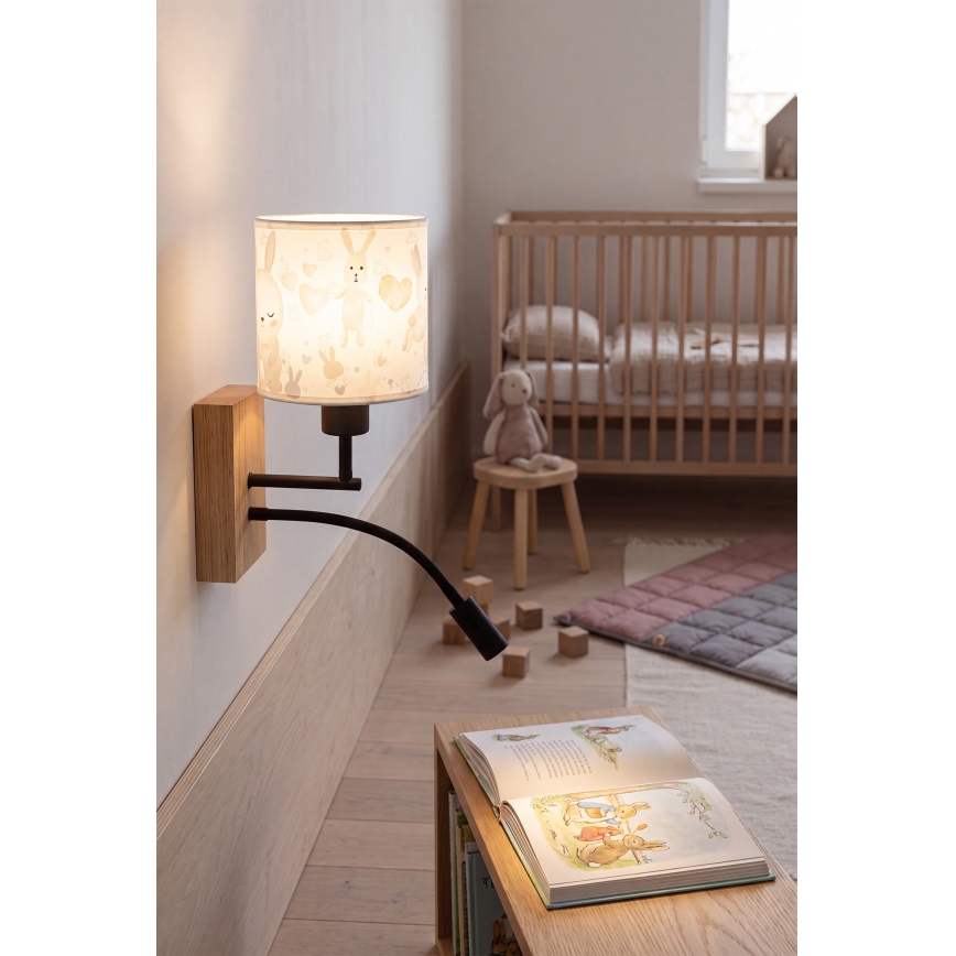 Brilagi - Dziecięca elastyczna lampa ścienna LED BOBO WOOD 1xE27/25W/230V + LED/3W dąb/czarny/biały/króliczki