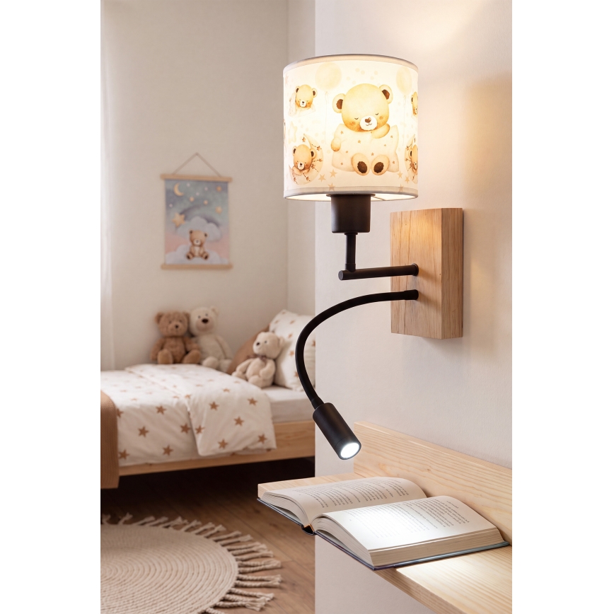 Brilagi - LED Dziecięca giętka lampa ścienna BOBO WOOD 1xE27/25W/230V + LED/3W dąb/czarny/biały/misie