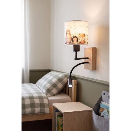Brilagi - Dziecięca giętna lampa ścienna LED BOBO WOOD 1xE27/25W/230V + LED/3W dąb/czarny/biały/zwierzątka