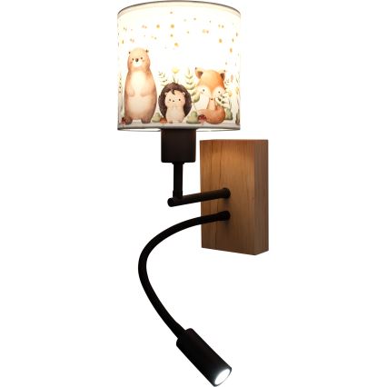 Brilagi - Dziecięca giętna lampa ścienna LED BOBO WOOD 1xE27/25W/230V + LED/3W dąb/czarny/biały/zwierzątka
