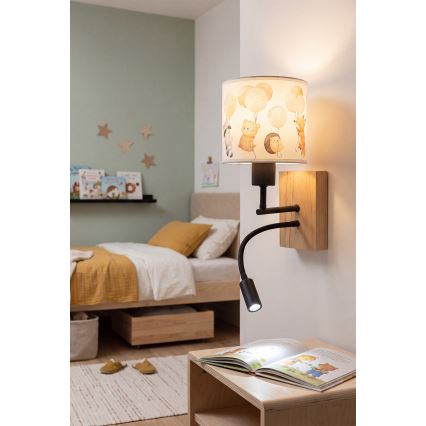 Brilagi - LED Dziecięca giętna lampa ścienna BOBO WOOD 1xE27/25W/230V + LED/3W dąb/czarny/biały/zwierzątka