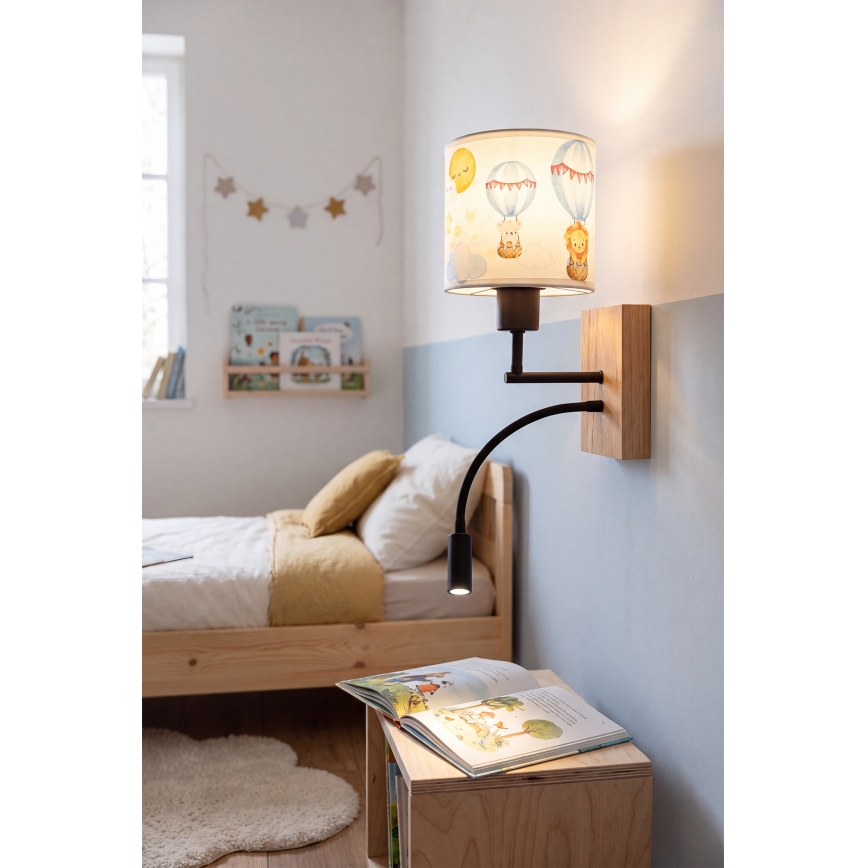 Brilagi - Elastyczny kinkiet LED dla dzieci BOBO WOOD 1xE27/25W/230V + LED/3W dąb/czarny/biały/ze zwierzątkami
