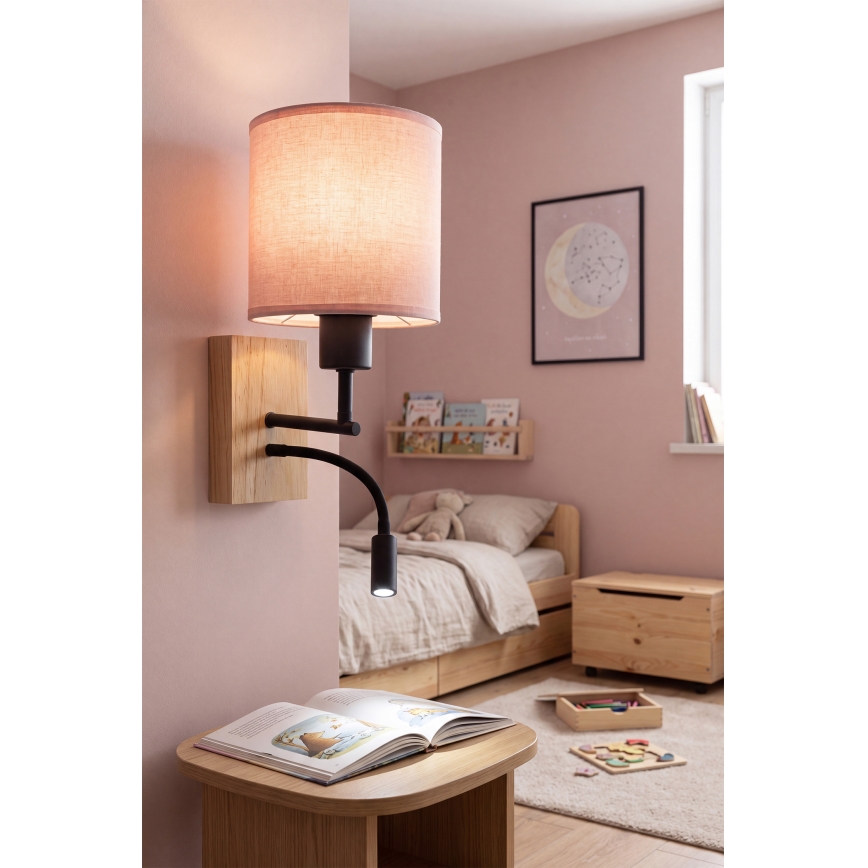 Brilagi - Elastyczny kinkiet LED BOBO WOOD 1xE27/25W/230V + LED/3W dąb/czarny/różowy