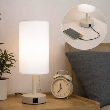 Brilagi - Lampa stołowa z portem USB TABLON 1xE27/25W/230V beżowa/biała