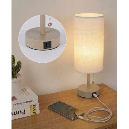 Brilagi - Lampa stołowa z portem USB TABLON 1xE27/25W/230V beżowa/biała