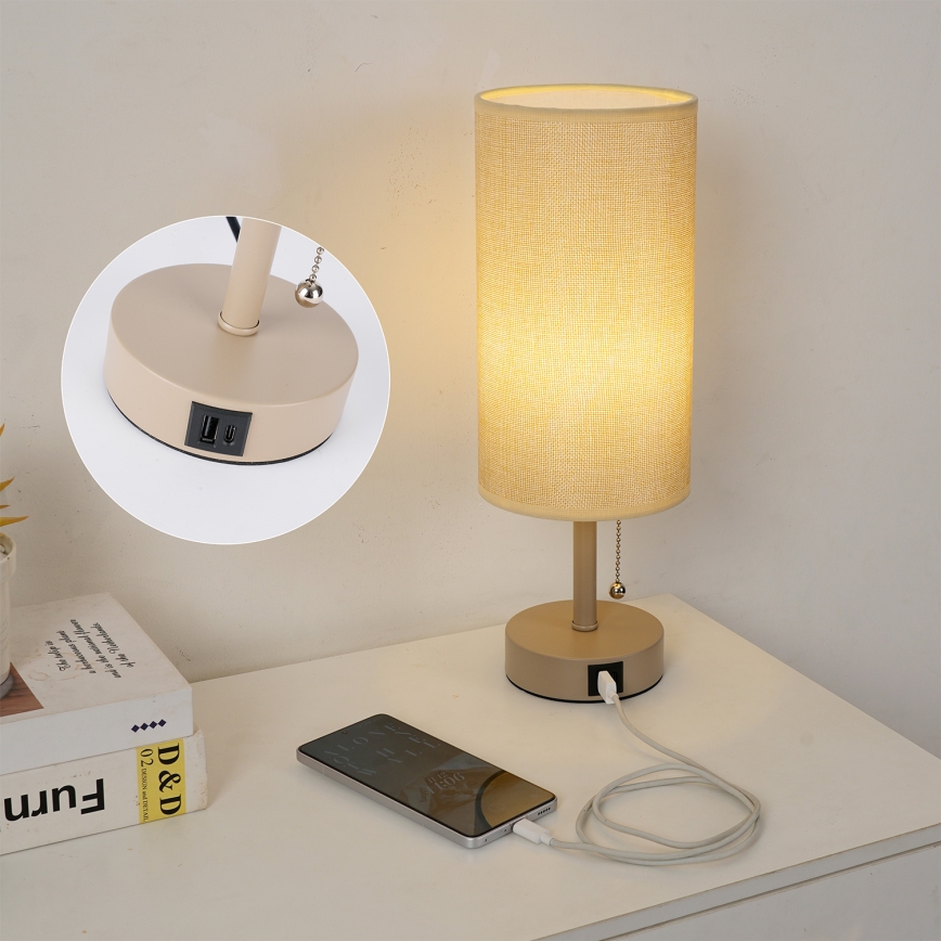 Brilagi - Lampa stołowa z portem USB TABLON 1xE27/25W/230V beżowa