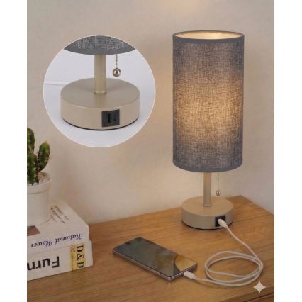 Brilagi - Lampa stołowa z portem USB TABLON 1xE27/25W/230V beżowy/szary