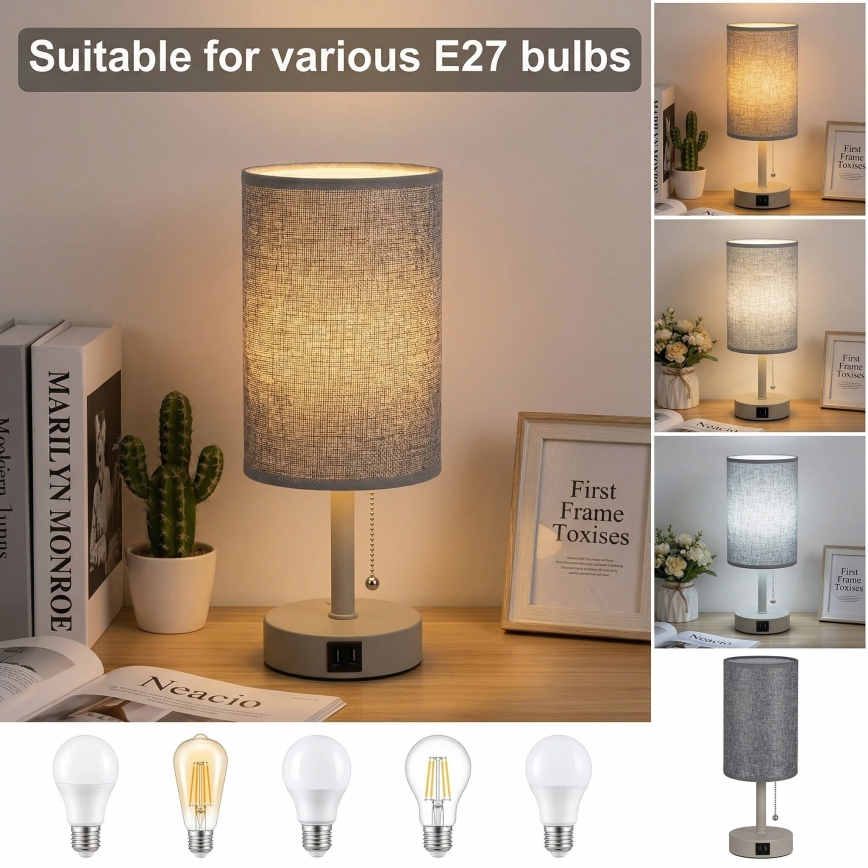 Brilagi - Lampa stołowa z portem USB TABLON 1xE27/25W/230V beżowy/szary