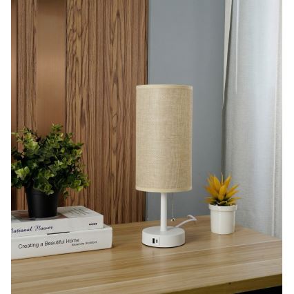 Brilagi - Lampa stołowa z portem USB TABLON 1xE27/25W/230V biała/beżowa