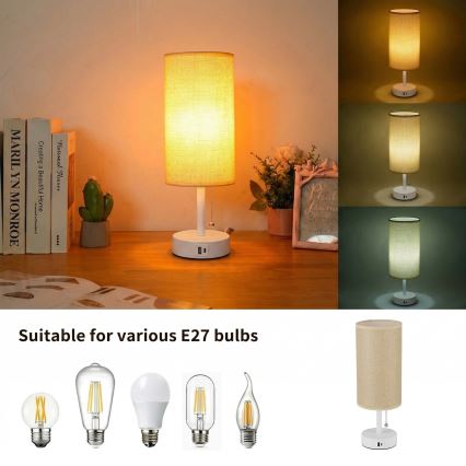Brilagi - Lampa stołowa z portem USB TABLON 1xE27/25W/230V biała/beżowa