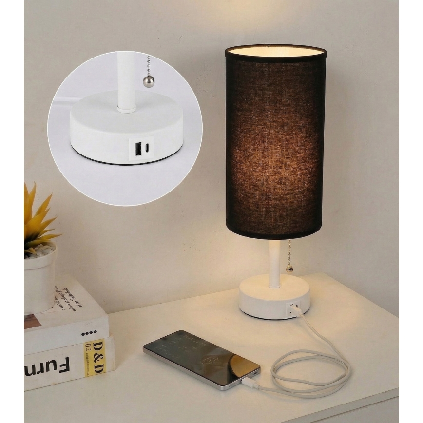 Brilagi - Lampa stołowa z portem USB TABLON 1xE27/25W/230V biała/czarna