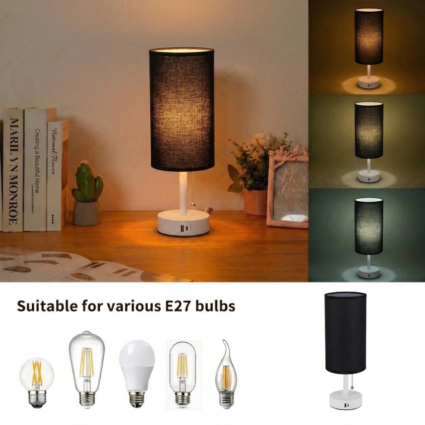 Brilagi - Lampa stołowa z portem USB TABLON 1xE27/25W/230V biała/czarna