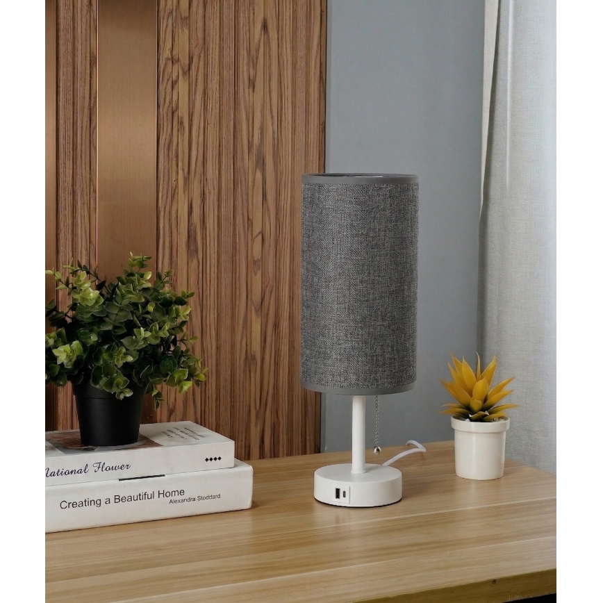 Brilagi - Lampa stołowa z portem USB TABLON 1xE27/25W/230V biała/szara