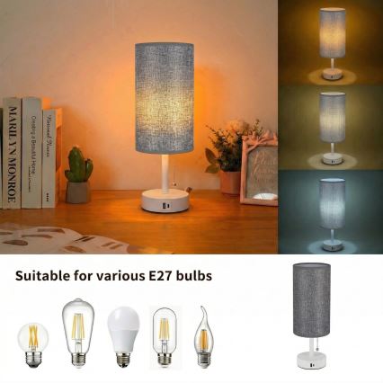 Brilagi - Lampa stołowa z portem USB TABLON 1xE27/25W/230V biała/szara
