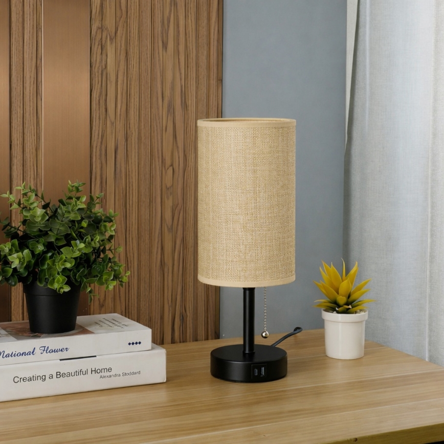 Brilagi - Lampa stołowa z portem USB TABLON 1xE27/25W/230V czarny/beżowy