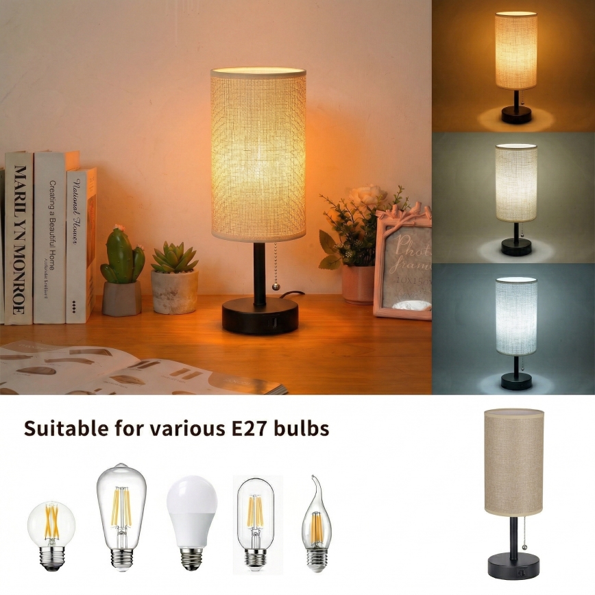 Brilagi - Lampa stołowa z portem USB TABLON 1xE27/25W/230V czarny/beżowy