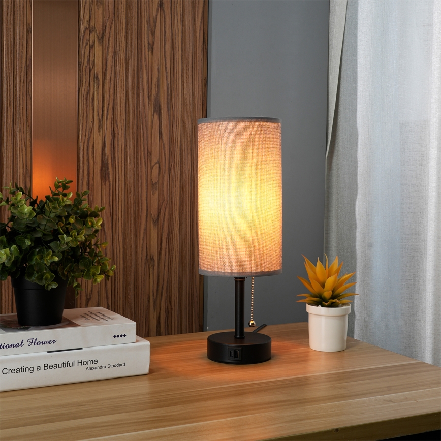 Brilagi - Lampa stołowa z portem USB TABLON 1xE27/25W/230V czarny/szary