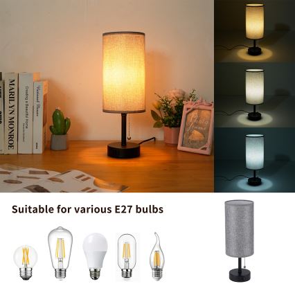 Brilagi - Lampa stołowa z portem USB TABLON 1xE27/25W/230V czarny/szary