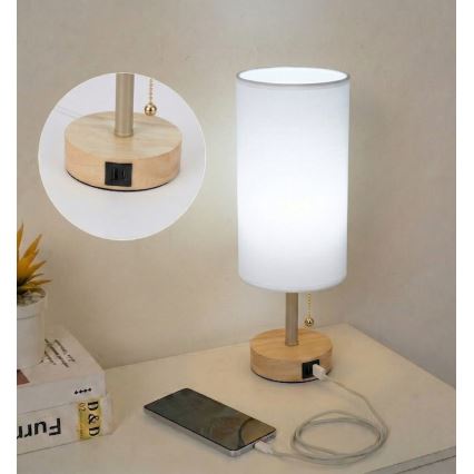 Brilagi - Lampa stołowa z portem USB TABLON 1xE27/25W/230V dąb/beżowy/biały