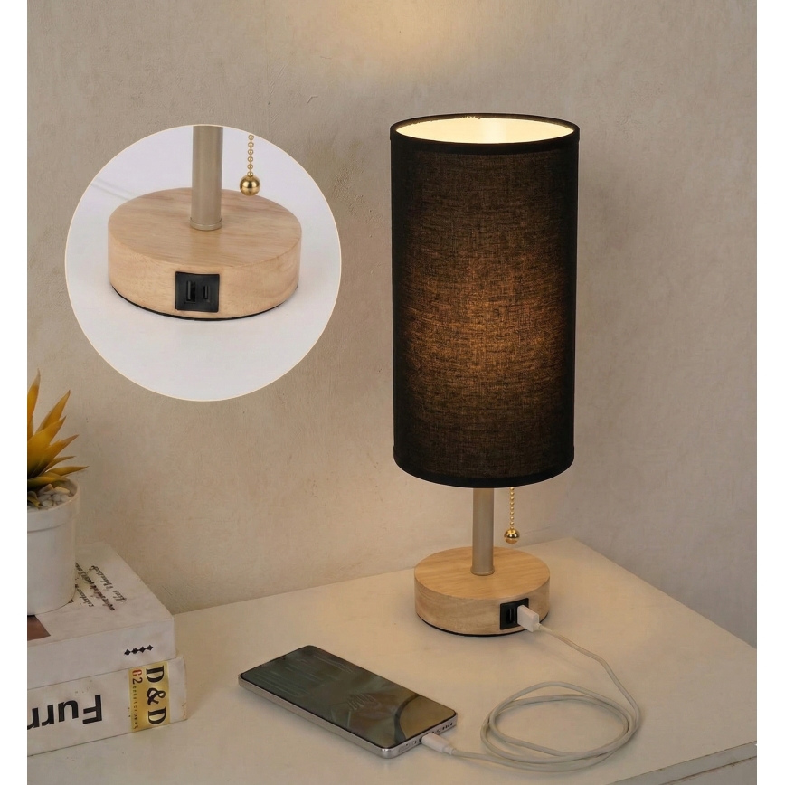 Brilagi - Lampa stołowa z portem USB TABLON 1xE27/25W/230V dąb/beżowy/czarny