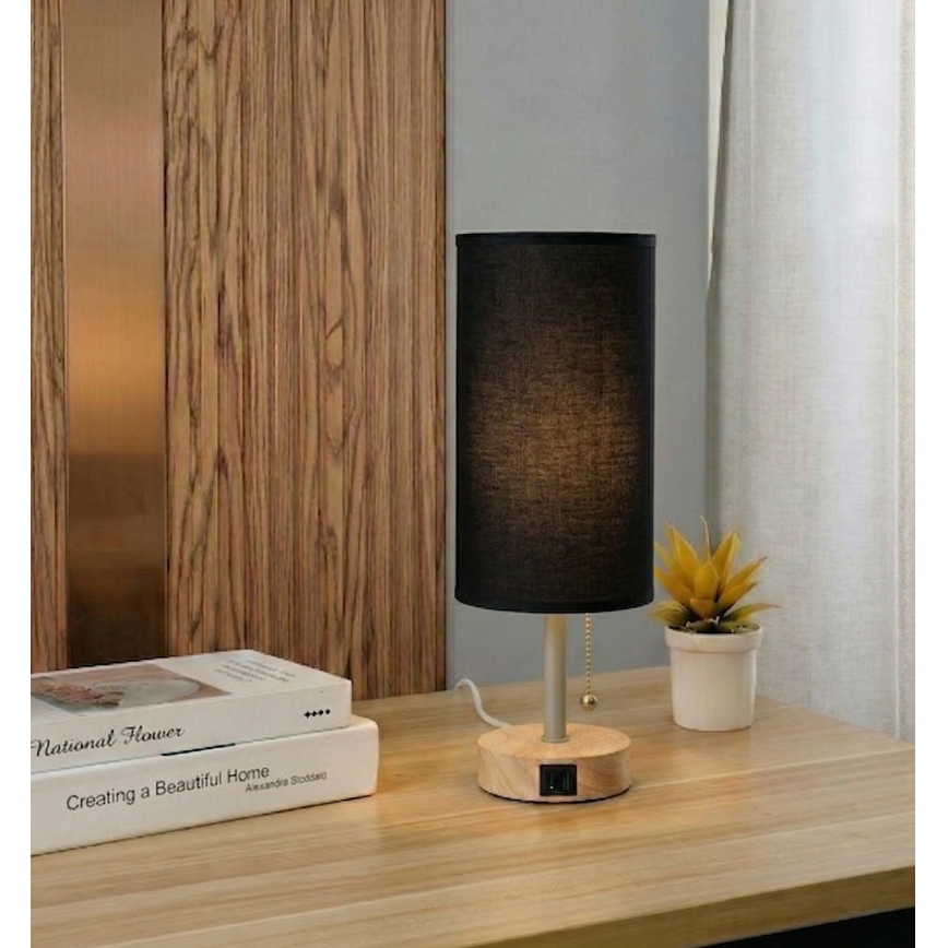 Brilagi - Lampa stołowa z portem USB TABLON 1xE27/25W/230V dąb/beżowy/czarny