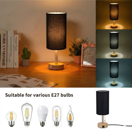 Brilagi - Lampa stołowa z portem USB TABLON 1xE27/25W/230V dąb/beżowy/czarny